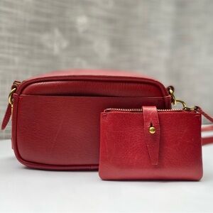 RARE RED MADEWELL LEATHER CARABINER MINI CROSSBODY BAG AND MATCHING WALLET